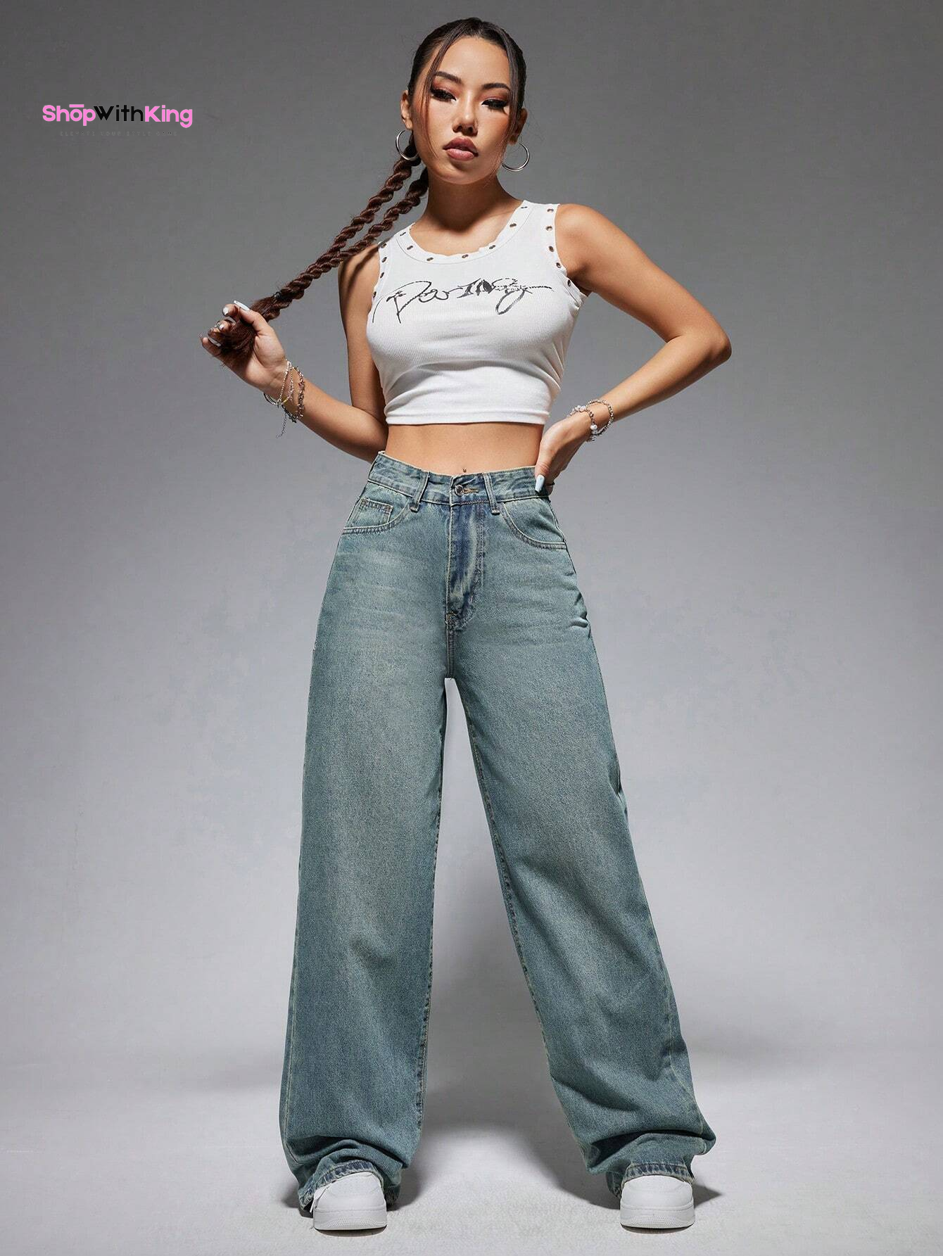 Washed Wide-Leg Jeans with Slanted Pockets Baggy Jeans